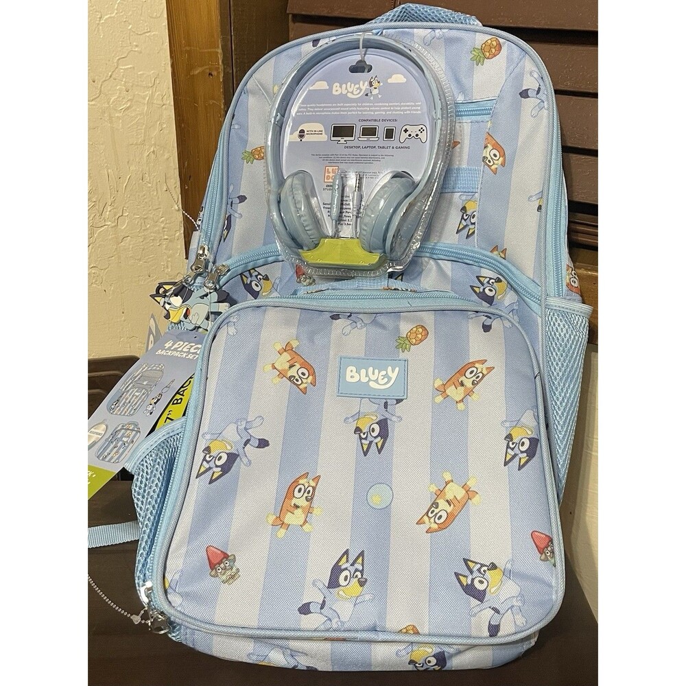 Bluey Unisex 17" Backpack Lunch Box & Headphones 4pc Set Sister Dance New NWT
